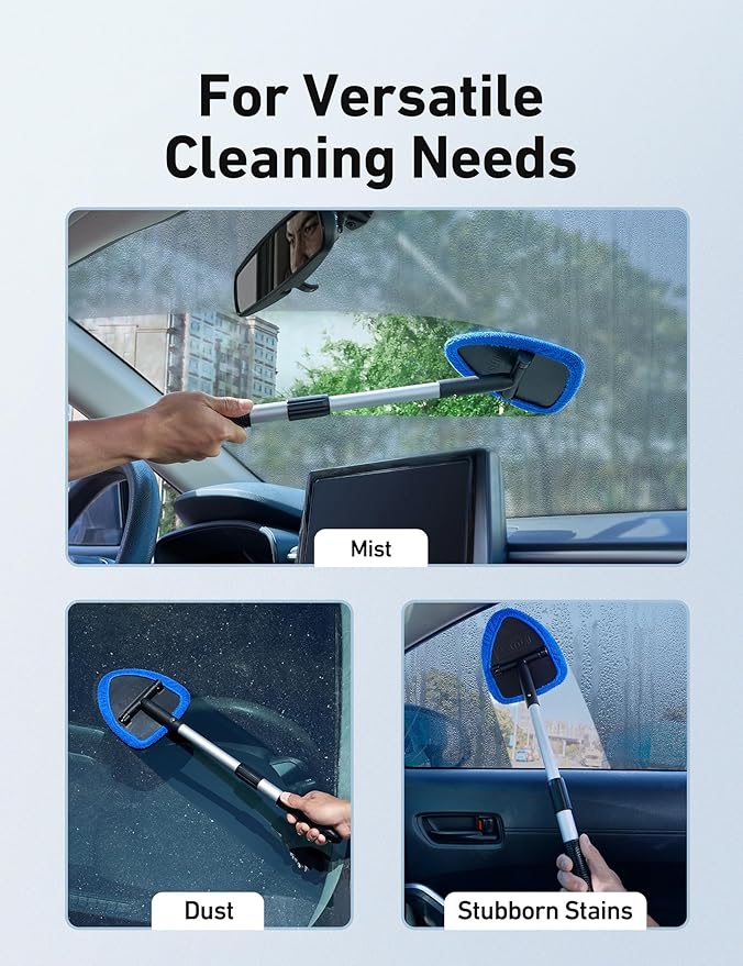 AstroAI 21" Windshield Cleaner Tool, Car Interior Detailing Cleaning Kit with Extendable Handle and 4 Upgraded High-Density Reusable Microfiber Pads, Auto Glass Wiper Brush Kit for Cars, Blue, 2 Pack