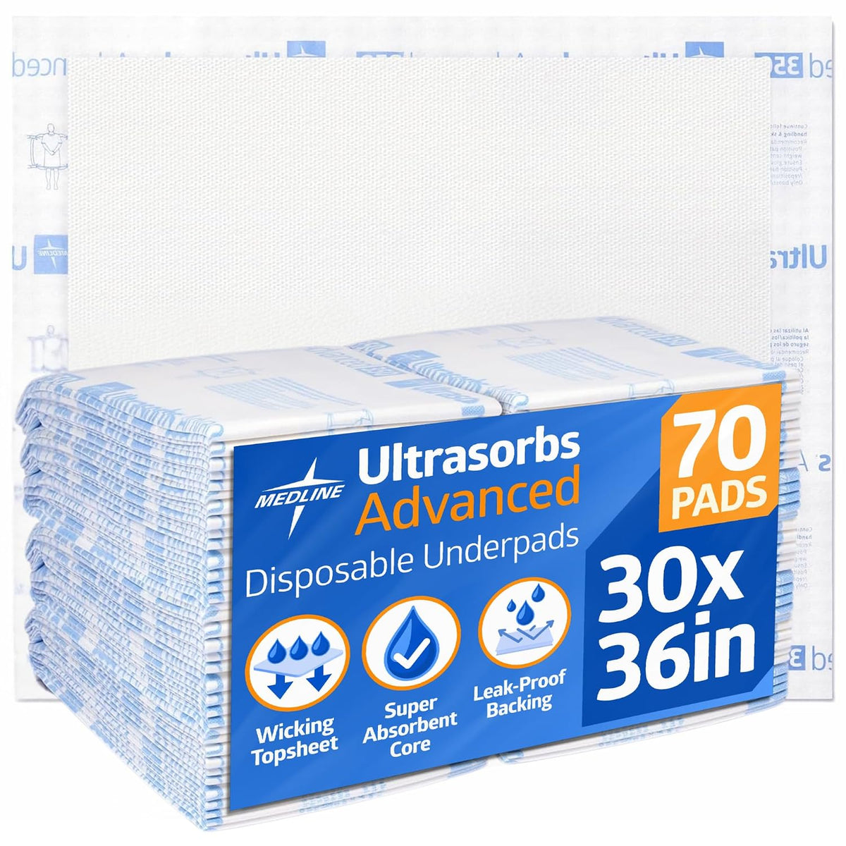 Ultrasorbs Advanced Extra Strength Drypads, 30" x 36", 70 Count, Super Absorbent Disposable Pads, Incontinence Bed Pads, Chucks Bed Pads, Elderly, 350 lb Repositioning Capacity