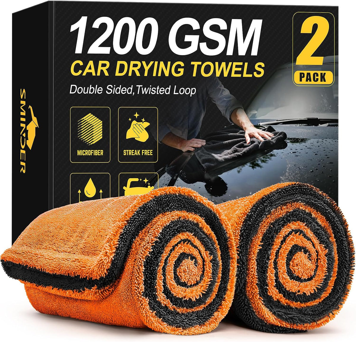 2-Pack 1200 GSM Car Drying Towels – Microfiber Towels for Cars (36" x 24"), Ultra-Absorbent, Streak-Free, Scratch-Free, No Water Spots, Double-Twist Pile & Edgeless Design(Orange)