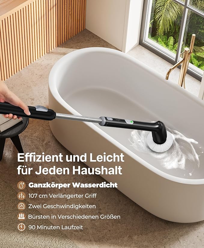 LyriFine Electric Spin Scrubber, New Full-Body IPX7 Waterproof Bathroom Cleaner Brush, Shower Scrubber with Long Handle & 2 Speed, Heads Replacement, Cleaning Supplies for Tub Shower Tile Floor