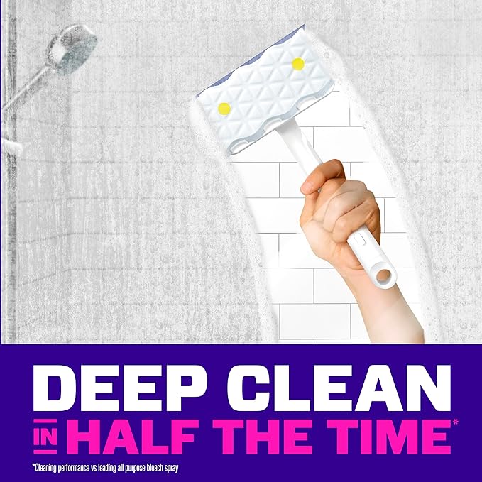 Mr. Clean Magic Eraser Shower & Tub Scrubber, Bathroom Cleaner, All in One Bathroom Cleaner, Lemon Starter Kit, 2 Scrubber, 5 Foaming Magic Erasers, 1 Whole Home Extra Durable Magic Eraser