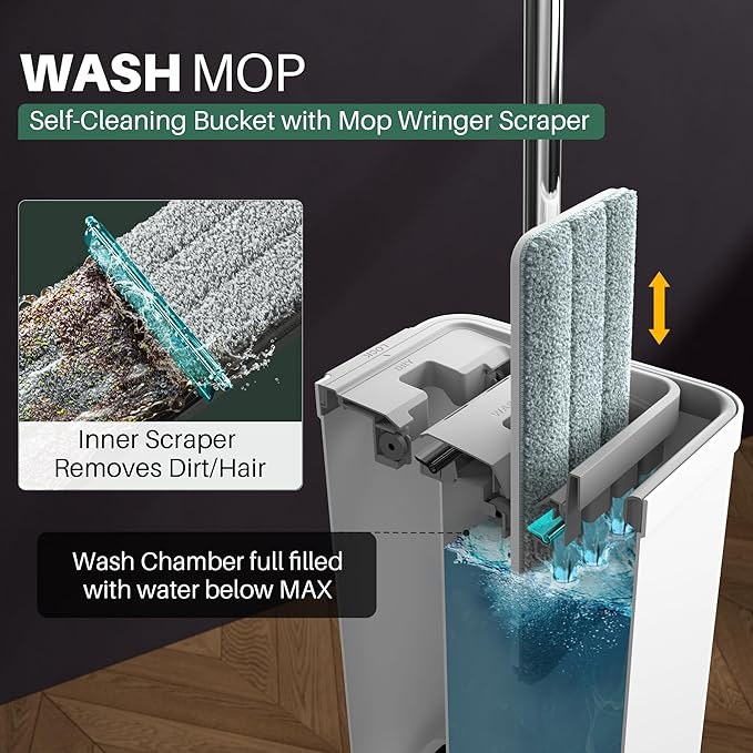 JOYMOOP Flat Mop System, Microfiber Mop and Bucket Set, White, Commercial & Household Use, Hardwood Floor & Wall Cleaning Mop with Long Handle, 4 Microfiber Pads