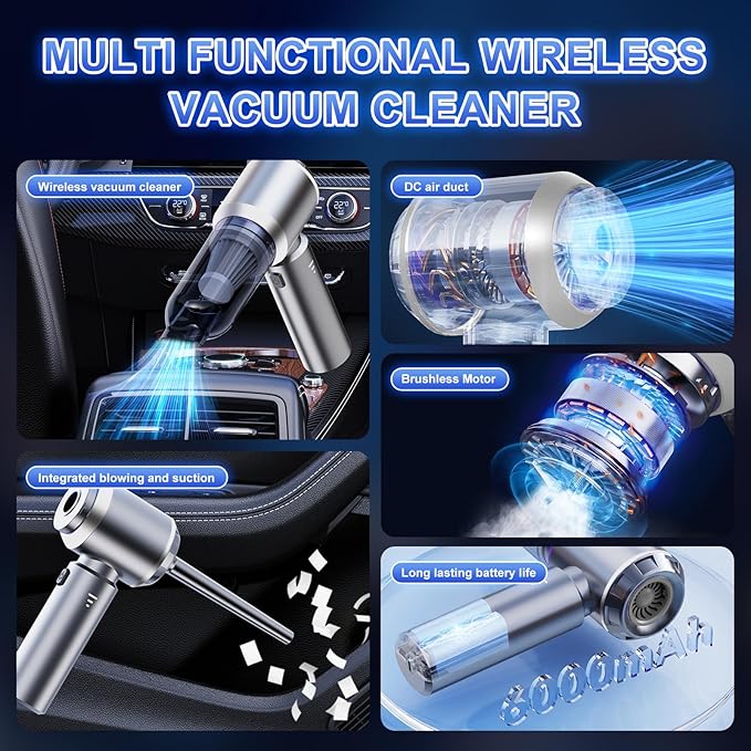 Cordless Handheld Vacuum, Portable Car Vacuum Detailing Kit, Compact Vac with Crevice Tool & Brushless Motor, Type-C Charge, 16000Pa Suction Power for Car, Office Desk, Keyboards, Home