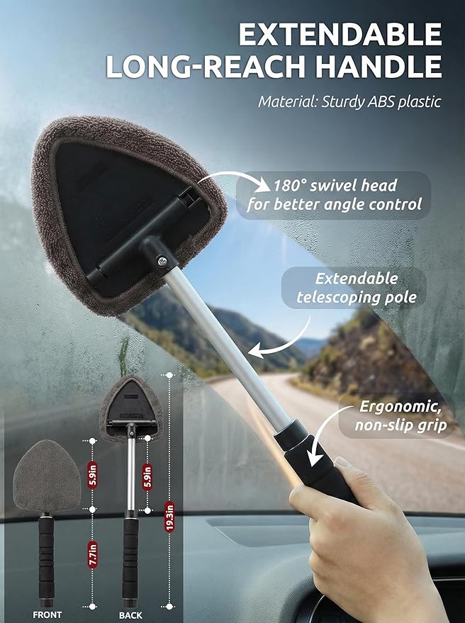 TAKAVU Car Window Cleaning Tool, Windshield Wiper Cleaner with Extendable Long-Reach Handle, 3 Washable Reusable Microfiber Bonnets, Car & Home Inside Interior Exterior Use - Lint Free (Grey)