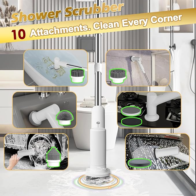 Electric Spin Scrubber, 2600mAh Battery with Extra-Long Runtime, 10 Brush Heads, IPX7 Waterproof Power Shower Scrubber with Long Handle, 2 Speeds Cordless Cleaning Brush for Bathroom Bathtub