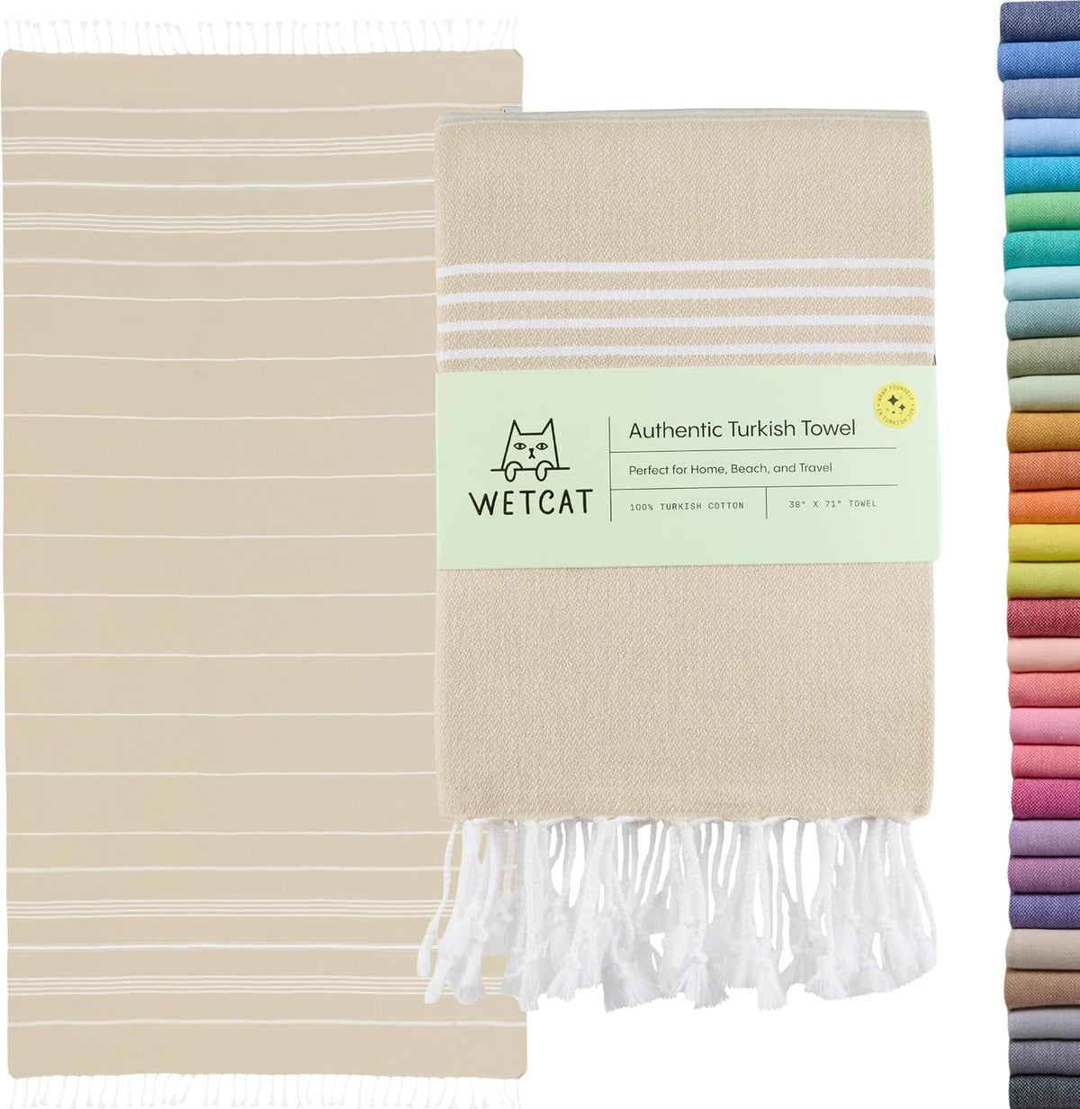 Turkish Beach Towel Oversized (38"x71") 100% Turkish Cotton, Made in Turkey - Sand Free, Extra Large, Ultra Soft, Quick Drying, Compact & Lightweight for Travel - Beige