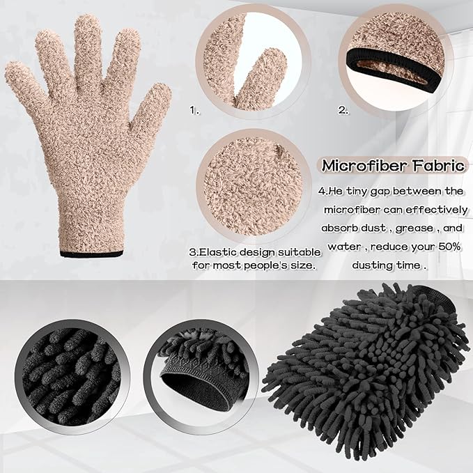Potchen 6 Pcs Microfiber Dusting Mitt Gloves for Plants Washable Dusting Gloves for House Cleaning Furniture Car Washing
