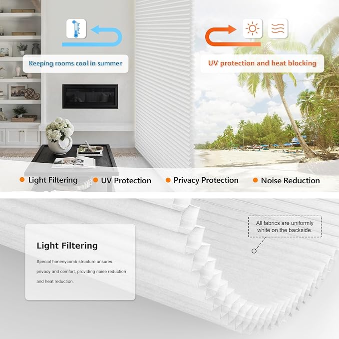 LazBlinds No Tools No Drill Cordless Cellular Shades, Top Down Bottom Up (TDBU) Honeycomb Shades for Home, Light Filtering Thermal Insulation Blinds for Windows, 57.5" W x 64" H, White