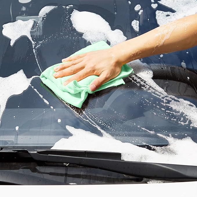 Amazon Basics Microfiber Cleaning Cloths, Ultra Absorbent, Scratch Free, Non-Abrasive, Reusable and Washable, All-Purpose, Car Detailing, 16" x 12", Green/Gray/Pink, 36-Pack