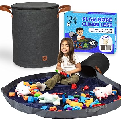 Toy Storage Basket and Playmat - Large Toy Blanket Storage Mat with Zippers - Slide Away Canvas Bag Storage Bin - Sturdy