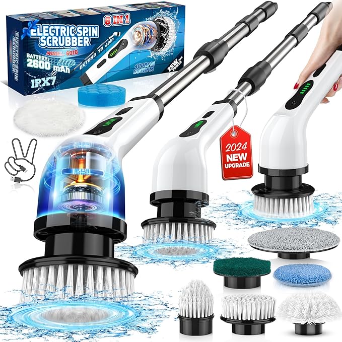 Electric Spin Scrubber, IPX7 Waterproof Cordless Cleaning Brush with 8 Replaceable Heads, Dual Speed & USB-C Charging, Retractable Handle Power Scrubber for Bathtub, Tile, Bathroom