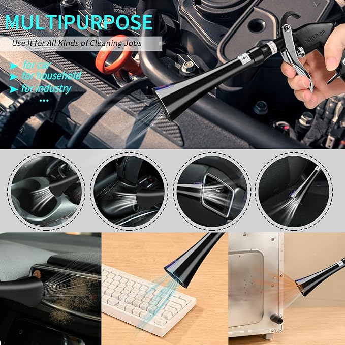 GOCCIDA Tornado Dry Cleaning Gun with Brass Adjustable Air Flow Nozzle,Air Blower Gun Quickly Blasts Dirt and Dust from Surface Works with Air Compressor Black