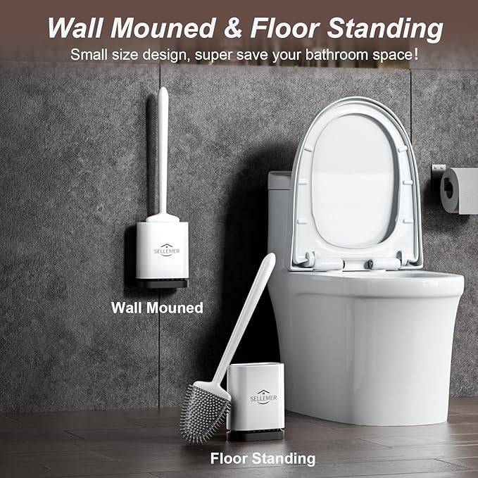 Sellemer Toilet Brush and Holder Set - Flexible Toilet Bowl Brush Head with Silicone Bristles, Compact Size for Storage and Organization, Ventilation Slots Base (1 Pack, Pearl White)