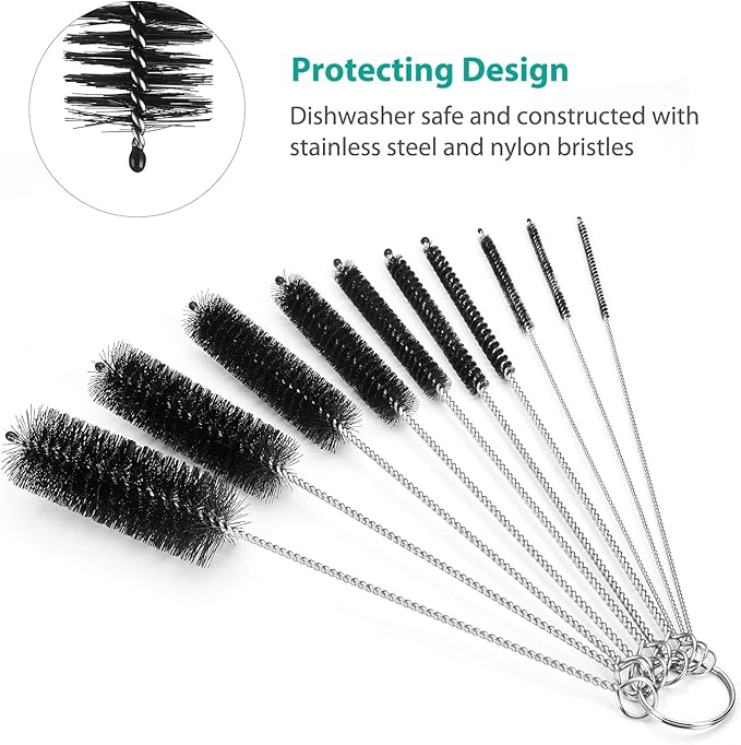 CiaraQ Bottle Cleaning Brushes, 8 Inch Nylon Tube Brush Set, Cleaner for Narrow Neck Bottles Cups with Hook, Set of 10pcs