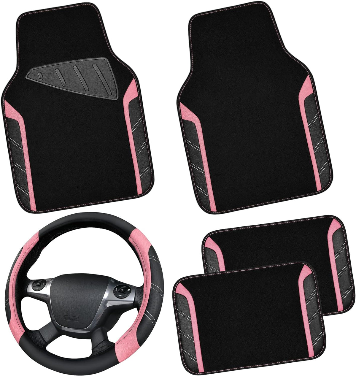 Microfiber Steering Wheel Cover and Waterproof Car Floor Mats,Leather Universal Car Combo Fit for 95% Truck,SUV,Cars,14.5-15inch Sporty Anti-Slip Safety Comfortable Design(Black and Pink)