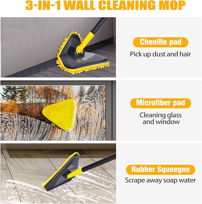Newly Upgraded Wall Mop with 82 Inches Long Handle, 180° Folding Wall Cleaner Triangle Mop with Squeegee, 3-in-1 Ceiling Cleaning Tool with 6 Replacement Pads for Wall, Baseboards, Ceiling, Floor
