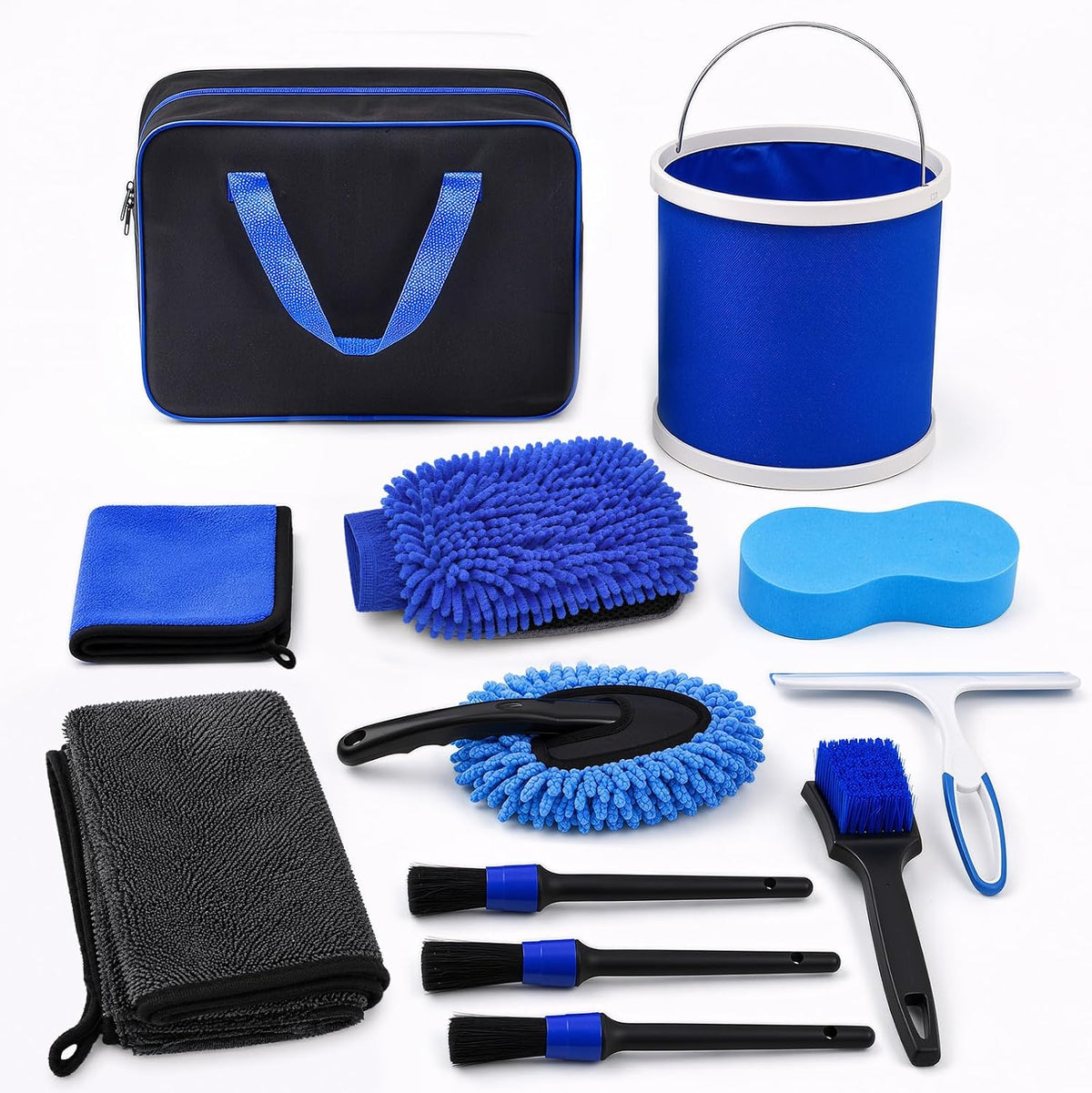 12 PCS Car Wash Kit, Car Cleaning Kit with 5.5 Gal Collapsible Bucket, 500 GSM XXL Drying Towel, Soft Felt Brushes and Storage Bag, Car Detailing Kit for Interior and Exterior Cleaning