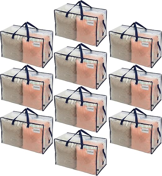 VENO 10 Pack Clear Extra Large Moving Bags & Storage Totes, Heavy Duty Organizer with Reinforced Handles & Strong Zipper