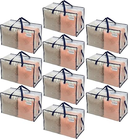 VENO 10 Pack Clear Extra Large Moving Bags & Storage Totes, Heavy Duty Organizer with Reinforced Handles & Strong Zipper