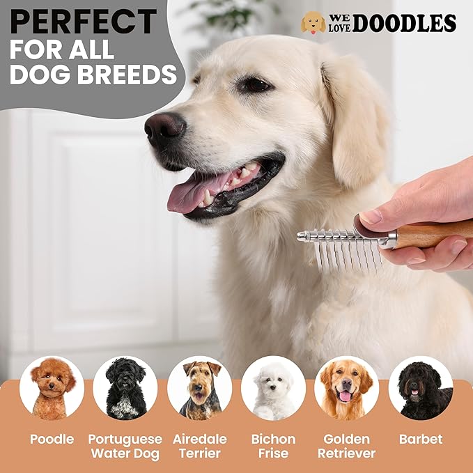 We Love Doodles Dog Dematting Brush & Rake, Detangler Brush for Dogs, Comb Tool for Grooming, Best for Doodles, Poodles, Goldendoodles, Cats & Other Pets, Matted Fur Removal On Undercoat, Small