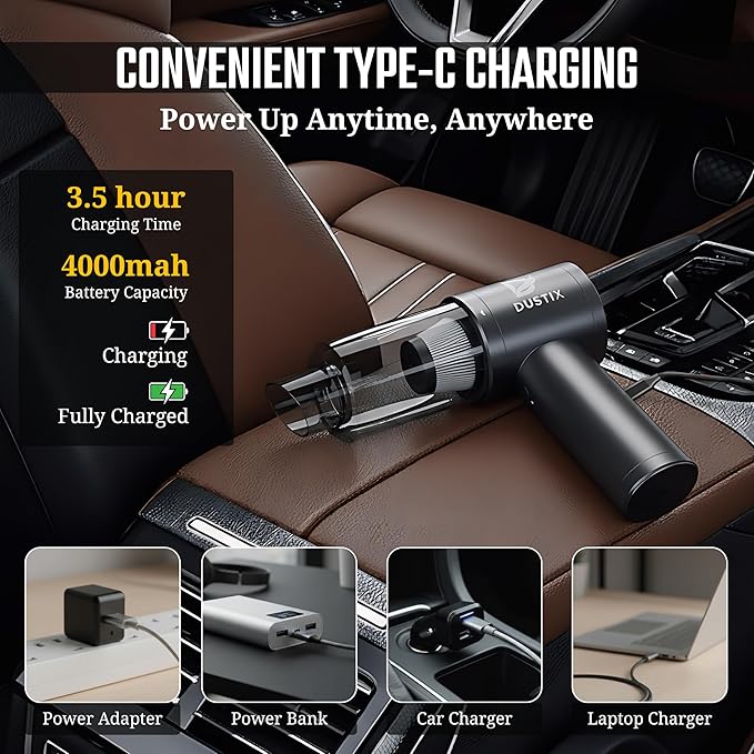 Handheld Car Vacuum Cleaner & Air Blower Cordless – Mini Powerful 12000Pa Suction, Portable Small Hoover, HEPA, Accessories for Interior, PC, Home & Kitchen
