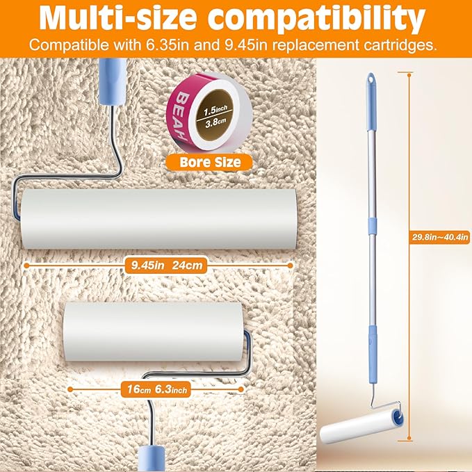Large Lint Roller for Pet Hair Extra Sticky,10 Years Lifespan,9.45''/6.3" Pet Hair Removal Tool Roller for Dog Cat Hair,450 Sheets/5 Refills,Detachable Telescoping Extension Large Lint Roller