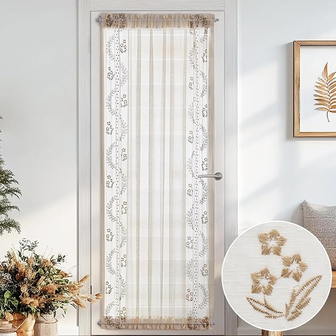 jinchan Belrose Sheer French Door Curtain Embroidered Farmhouse Linen Curtain for Patio Light Filtering for Door Window Closet Rod Pocket 72 Inches 1 Panel Taupe on Beige