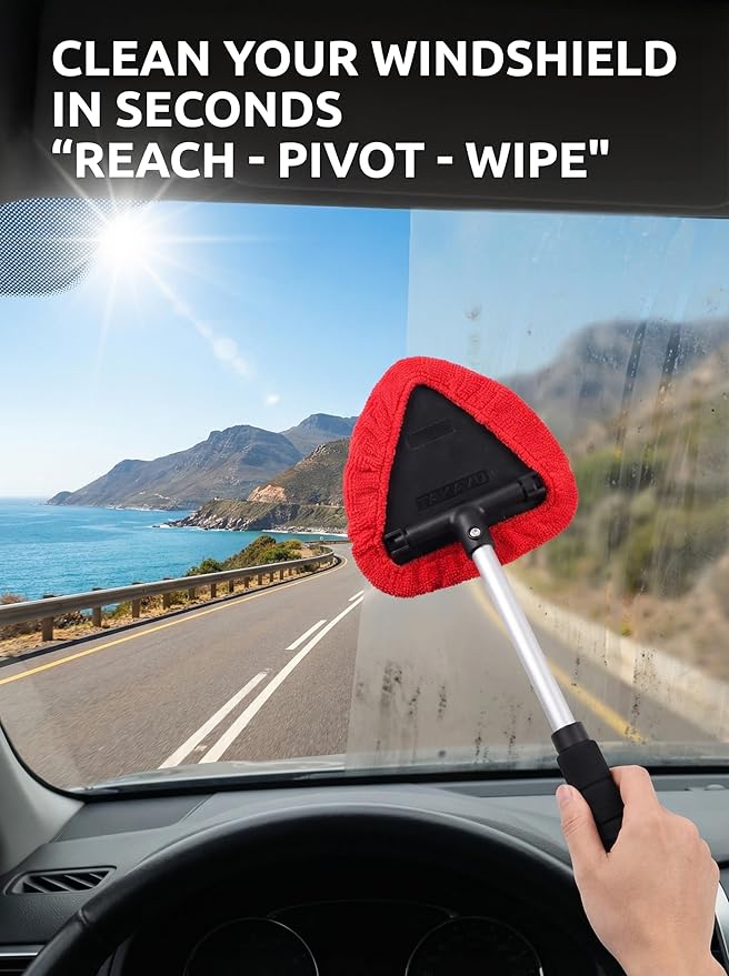 TAKAVU Windshield Window Cleaner Tool, Extendable Long-Reach Handle, Unique Pivoting Triangular Head, 3 Washable Reusable Microfiber Bonnets, Car & Home Inside Interior Exterior Use - Lint Free (Red)
