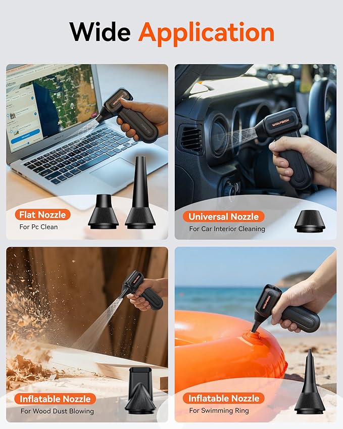 WOLFBOX MF60&MF70 Compressed Air Duster-110000RPM Super Power Electric Air Duster, 3-Speed Adjustable Rechargeable Cordless Air Blower with Fast Charging for PC Keyboard Cleaning, Car, Home (Black)