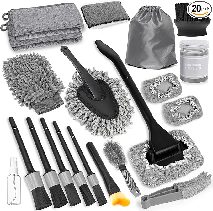 20Pcs Windshield Cleaner Tool - Car Interior Detailing Brush Kit with 200g Cleaning Gel, Microfiber Car Wash Mitt, Dash Duster & 2-Sided Scrubber, All-in-One Inside Car Cleaning Supplies Tool