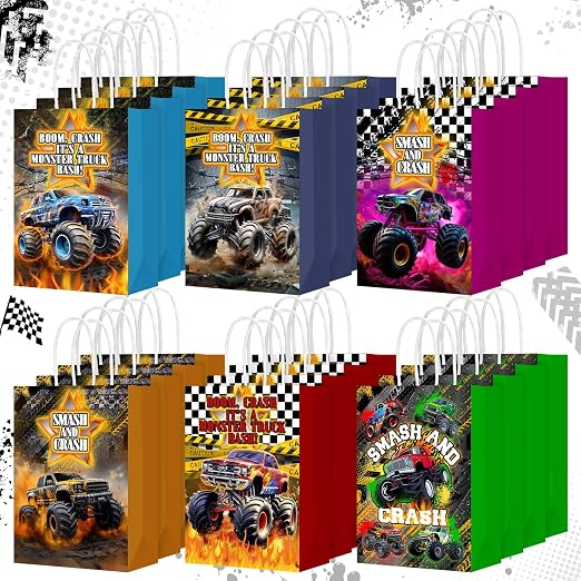 Kolldenn 24 Pcs Monster Truck Goodie Bags with Handles Truck Party Bags