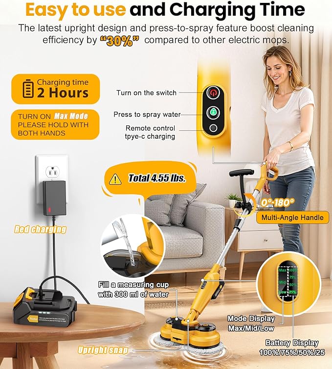 qimedo 6000mAh Battery Cordless Electric Mop M3 Pro, 800RPM Electric Power Scrubber & Mops for Floor Cleaning, Automatic Spin Mops with Smart Display,Rotating Mop with LED Light & Water Spray