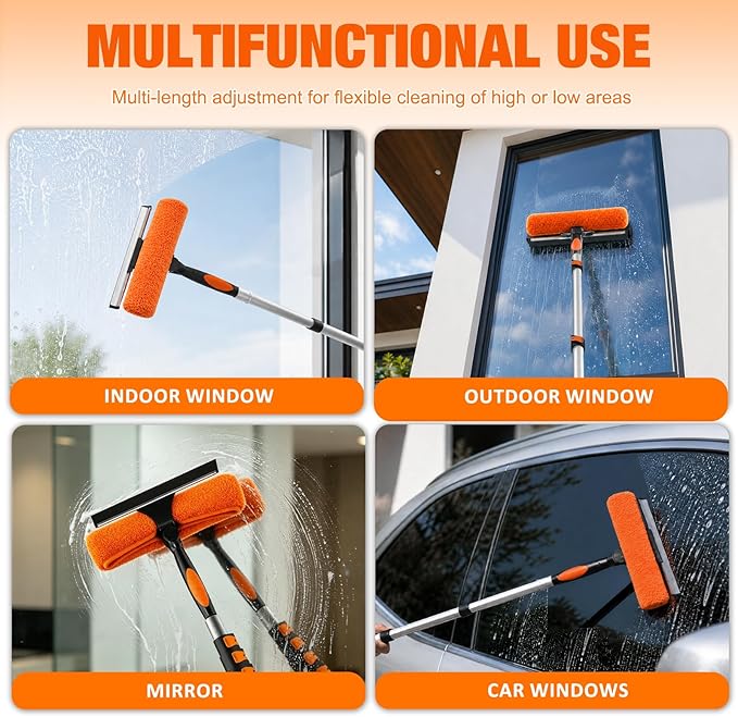 LAANPOLE 36FT Window Squeegee with Extension Pole, 2-in-1 Squeegee for Window Cleaning, Professional Cleaning Kit for Home with 30FT Telescoping Pole for Outdoor Indoor Use