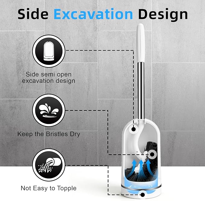 Toilet Brush and Holder Set, Curved Toilet Brush with Stainless Steel Handle, Under Rim Toilet Bowl Brush for Deep Cleaning, Drip-Proof, White
