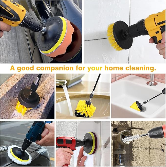22 Pcs Drill Attachments Set, Scrub Pads & Sponge & Wire Brush, Power Scrubber with Extend Long Attachment, Drill Scrubber Brush Kit for Bathroom, Floor, Car, Grout