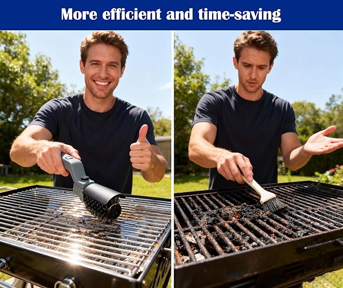 Cordless Electric Grill Brush with Adjustable Angle, 3-Speed Power Motor & Stainless Steel Head - Rechargeable, 90-Min Runtime, Waterproof Grill Cleaner for BBQ Grates & Griddles (Gray)