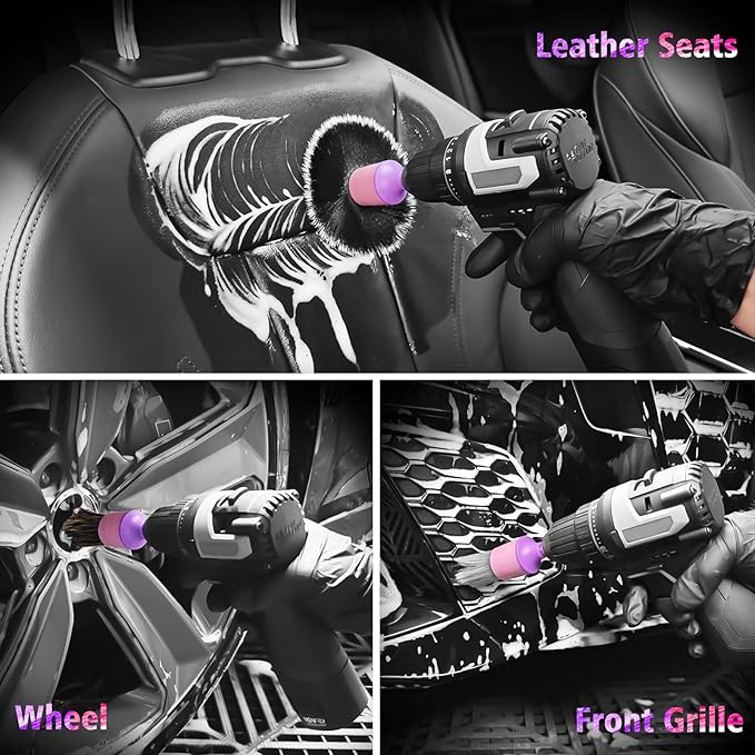3Pcs Car Detailing Drill Brush Set with Drill Brush Attachment Head, 1P Ultra Soft No Scratch Car Drill Brush for Air Vent Leather Seat, 1P Boars Hair & 1P Detailing Brushes for Interior Exterior,Pink
