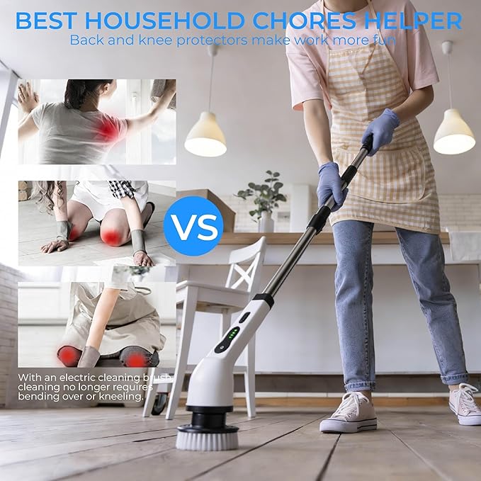 Electric Cleaning Brush, Rechargeable Power Scrubber with 6 Replaceable Brush Heads and Extendable Handle, Multi-Surface Cleaner for Bathroom, Kitchen, Floor, Grout, Car, Windows