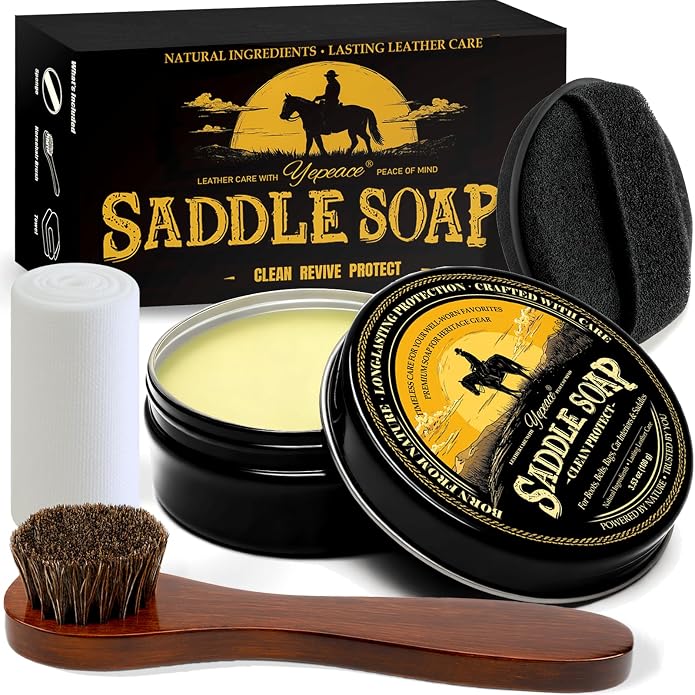 Saddle Soap 4PC Leather Care Kit – All-Natural 3.52oz Leather Cleaner & Conditioner with Horsehair Brush – Saddle Soap f