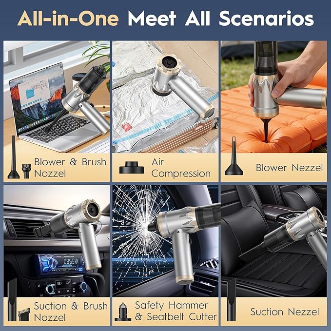 Car Vacuum Cleaner,Handheld Vacuum,15000PA High Power,3 Speed Portable Rechargeable Vacuum Cleaner with Brushless Motor,Cordless Small Vacuum for Car & Air Blower & Pump Silver