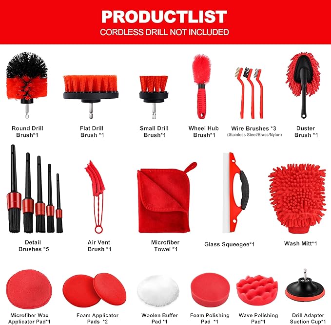 25Pcs Car Detailing Kit with Drill Brushes, Car Cleaning Kit for Interior Exterior, Wheel & Tire Brushes, Polishing Pads for Waxing, Auto Detailing Tools – Gift for Men Dad (25PCS)