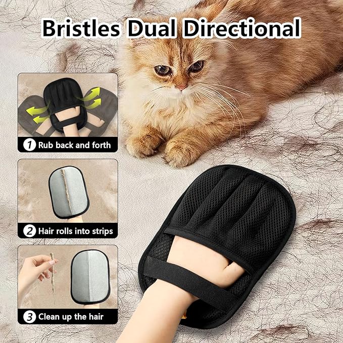 Upgraded Pet Hair Removal Gloves for Cats & Dogs, Five-Finger Electrostatic Reusable Magic Brush for Effortless Pet Hair Remover Tool on Carpet, Clothing, Laundry, Couch, Car Seat (Black)