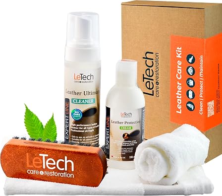 Letech Leather Care Kit - Leather Cleaner and Leather Protection Cream with Brush and Towels for Auto Interior - Furnitu