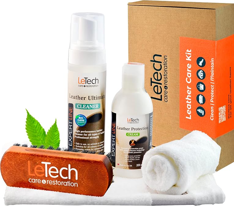 Letech Leather Care Kit - Leather Cleaner and Leather Protection Cream with Brush and Towels for Auto Interior - Furnitu