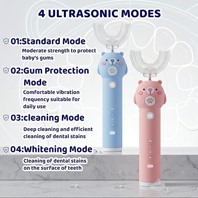 Kids Electric Toothbrush, with 4 Cleaning Modes, with 4 Brush Heads, Toddler U Shaped Toothbrush with 2 Soft Brush Head，Cartoon Bear 360-Degree Cleaning IPX7 Waterproof Design (Ages 2-16)