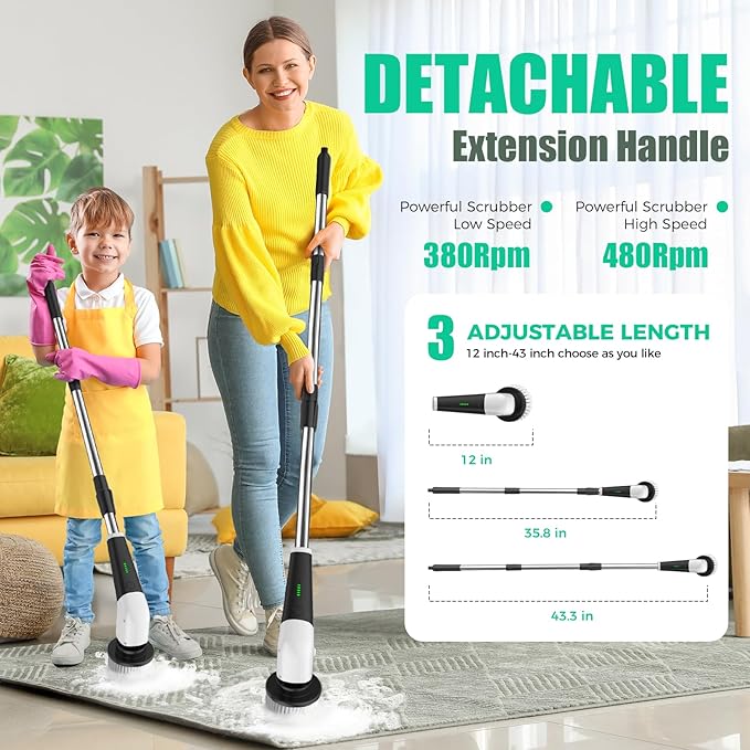 YKYI Electric Spin Scrubber, Cordless Power Scrubber Cleaning Tool with 8 Replaceable Heads and Extension Handle for Bathroom, Tub, Tile, Floor, Grout and Car (Gray)