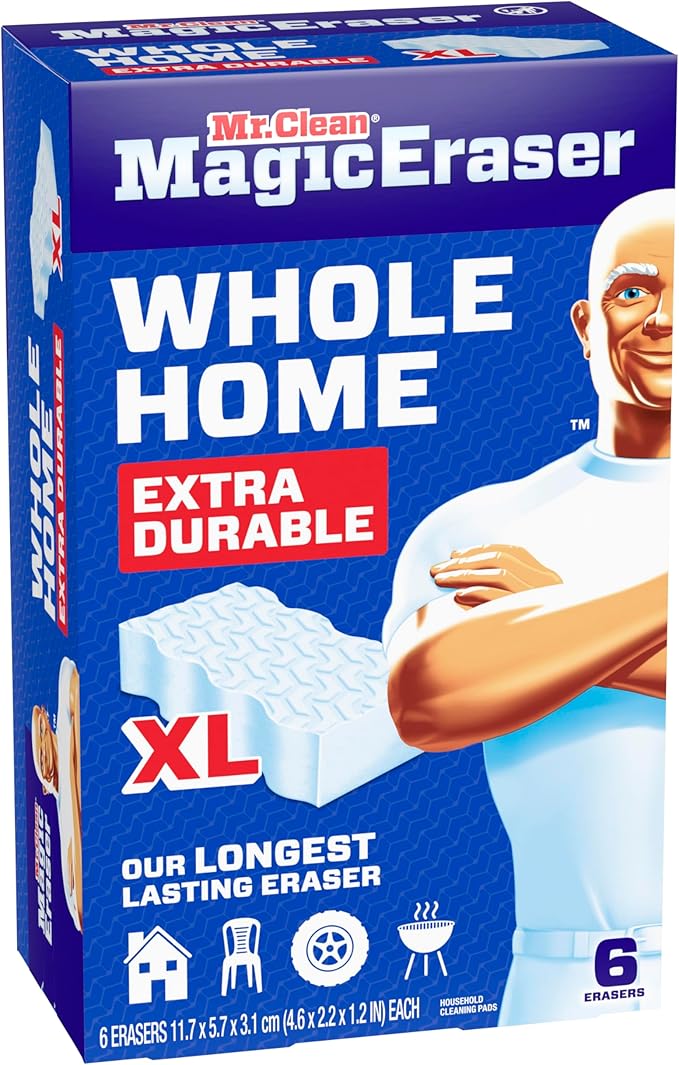 Mr. Clean Magic Eraser Sponge, All Purpose Cleaner, Long Lasting Cleaning Scrubber,Wall,Sneaker,Oven, Kitchen, Bathroom Cleaner, Shower Cleaning Supplies, Whole Home Extra Durable XL, 6ct (Pack of 3)