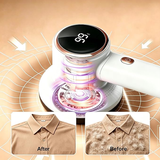 Fabric Shaver Lint Remover for Clothes with 2 Speeds, Digital Display, 6 Leaf Blades, USB Rechargeable Sweater Defuzzer to Remove Pilling Fuzz Ball for Furniture, Couch, Coat.White