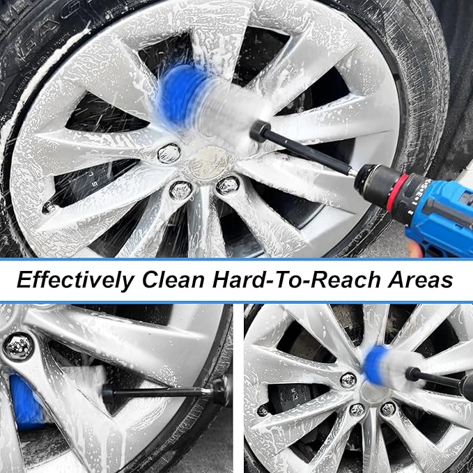 Wheel Brush Kit, Soft Drill Wheel Cleaner Brush, No Scratches Highly Dense Car Cleaning Brush Set for Wheels, Rims, Engines, Exhaust(Blue/White,2Pcs)