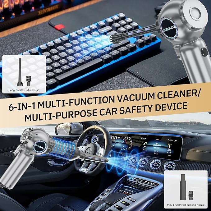 Handheld Car Vacuum Portable Cordless（Equipped with a one-Touch Window Breaker and Seatbelt Cutter ） Handheld Cordless Vacuum with 25000Pa Ultra-Strong Suction,for Car, Office Desk,Keyboards，Pet Hair
